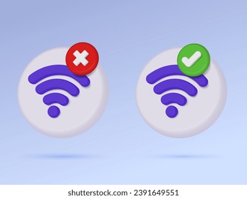 Incorrect red mark and Correct green checkmark Wi-Fi 3D vector icon approved, declined, right, wrong, wireless connection concept. minimal cartoon style on pastel background. 3d render illustration