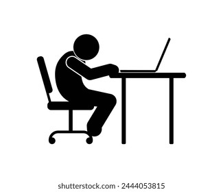 incorrect sitting at the table icon, sedentary lifestyle, hunched man with a crooked back, human silhouette stickman