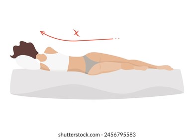 Postura corporal inadecuada para dormir. Columna vertebral no sana de la posición del sueño en varios colchones y almohada. Cuidando la salud de la espalda, el cuello. Ilustración vectorial