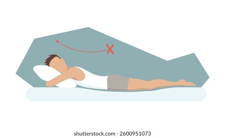 Incorrect sleeping body posture. Not healthy sleeping position spine in various mattresses and pillow. Caring for health of back, neck. Vector illustration