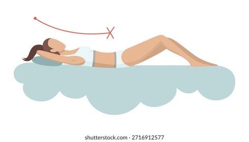 Falsche Schlafkörperhaltung. Nicht gesunde Schlafposition Wirbelsäule in verschiedenen Matratzen und Kissen. Für die Gesundheit von Rücken, Hals. Vektorgrafik