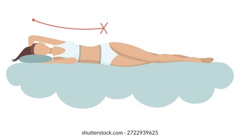 Postura corporal incorrecta para dormir. Posición de sueño no saludable de la columna vertebral en varios colchones y almohadas. Cuidar la salud de la espalda, el cuello. Ilustración vectorial
