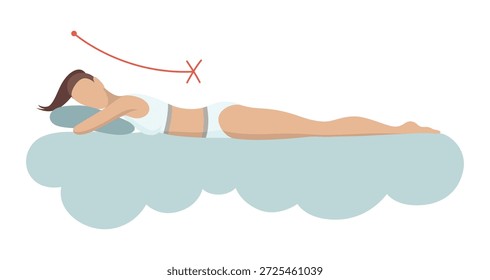 Incorrect sleeping body posture. Not healthy sleeping position spine in various mattresses and pillow. Caring for health of back, neck. Vector illustration
