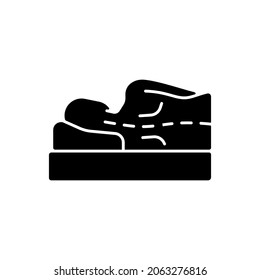 Incorrect sleeping position black glyph icon. Unnatural, unnecessary curves in spine. Putting pressure on nerves. Stress on spine. Silhouette symbol on white space. Vector isolated illustration