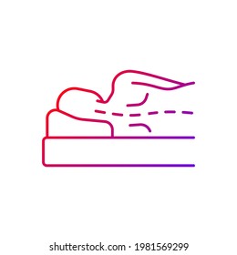 Incorrect sleeping position gradient linear vector icon. Unnatural, unnecessary curves in spine. Stress on spine. Thin line color symbols. Modern style pictogram. Vector isolated outline drawing