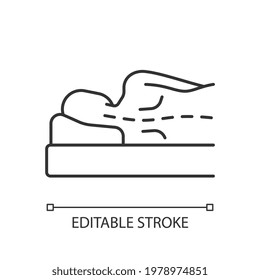 Incorrect sleeping position linear icon. Unnatural, unnecessary curves in spine. Stress on spine. Thin line customizable illustration. Contour symbol. Vector isolated outline drawing. Editable stroke