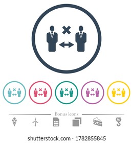 Incorrect social distancing flat color icons in round outlines. 6 bonus icons included.