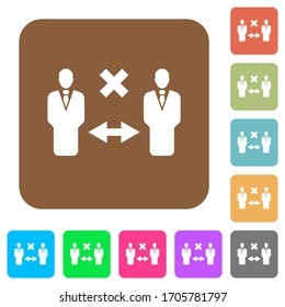 Incorrect social distancing flat icons on rounded square vivid color backgrounds.