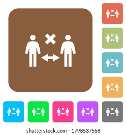 Incorrect social distancing flat icons on rounded square vivid color backgrounds.