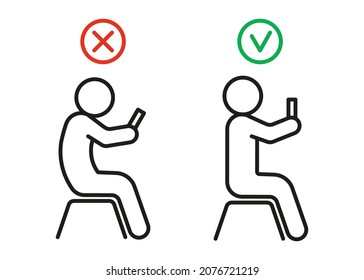 Incorrect tension and correct health posture seat with phone. Health preservation rules. Avoid poor posture, vision and spine problems. Vector illustration