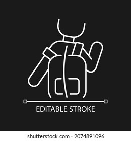 Incorrect use white linear icon for dark theme. Scoliosis cause. Backpack wearing wrong way. Thin line customizable illustration. Isolated vector contour symbol for night mode. Editable stroke