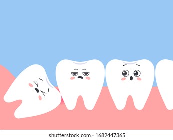 Incorrectly positioned wisdom tooth. Cartoon displeased teeth. Vector illustration