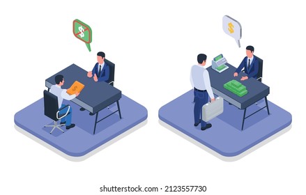 Incorruptible official vs accepting bribe payment bureaucrat attorney corruption money laundering 2 isometric compositions isolated vector illustration