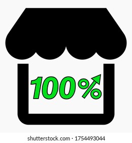 Aumentar el 100% de las ventas de tiendas. Icono Verde Construcción de una tienda y aumento de porcentaje. Crecimiento de las ventas en el supermercado. Icono del vector.