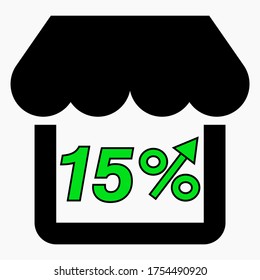 Increase 15% store sales. Green icon Shop building and percentage increase. Sales growth in the supermarket. Vector icon.