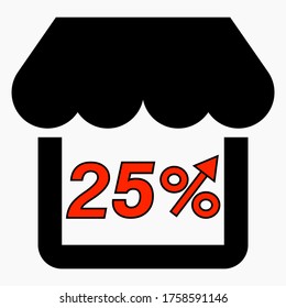 Aumentar el 25% de las ventas de tiendas. Icono rojo Construcción de una tienda y aumento de porcentaje. Crecimiento de las ventas en el supermercado. Icono del vector.