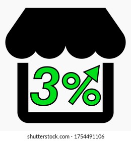 Erhöhen Sie den Umsatz der Verkaufsstellen um 3 %. Green Icon Shop-Gebäude und prozentuale Erhöhung. Umsatzwachstum im Supermarkt. Vektorsymbol.