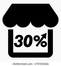 Increase 30% store sales. Store building and percentage increase. Sales growth in the supermarket. Vector icon.