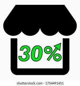 Increase 30% store sales. Green icon Shop building and percentage increase. Sales growth in the supermarket. Vector icon.