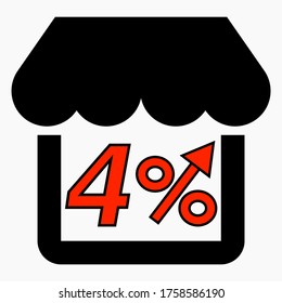 Increase 4% store sales. Red icon Shop building and percentage increase. Sales growth in the supermarket. Vector icon.