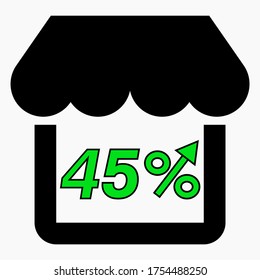 Erhöhen Sie die Verkaufszahlen von 45 %. Green Icon Shop-Gebäude und prozentuale Erhöhung. Umsatzwachstum im Supermarkt. Vektorsymbol.