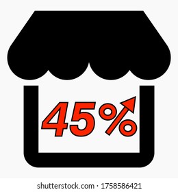 Increase 45% store sales. Red icon Shop building and percentage increase. Sales growth in the supermarket. Vector icon.
