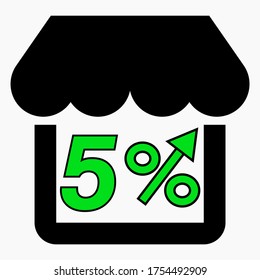 Increase 5% store sales. Store building and percentage increase. Sales growth in the supermarket. Vector icon.