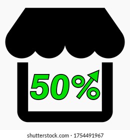 Aumentar el 50% de las ventas de tiendas. Icono Verde Construcción de una tienda y aumento de porcentaje. Crecimiento de las ventas en el supermercado. Icono del vector.