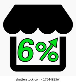 Aumentar el 6% de las ventas de tiendas. Icono Verde Construcción de una tienda y aumento de porcentaje. Crecimiento de las ventas en el supermercado. Icono del vector.