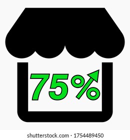 Aumentar el 75% de las ventas de tiendas. Icono Verde Construcción de una tienda y aumento de porcentaje. Crecimiento de las ventas en el supermercado. Icono del vector.