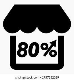 Increase 80% store sales. Store building and percentage increase. Sales growth in the supermarket. Vector icon.