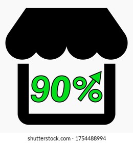 Increase 90% store sales. Green icon Shop building and percentage increase. Sales growth in the supermarket. Vector icon.