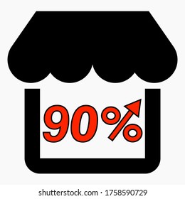 Increase 90% store sales. Red icon Shop building and percentage increase. Sales growth in the supermarket. Vector icon.