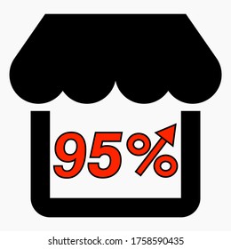 Aumentar el 95% de las ventas de tiendas. Icono rojo Construcción de una tienda y aumento de porcentaje. Crecimiento de las ventas en el supermercado. Icono del vector.