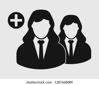 Increase or Add users Icon. Female symbol on gray background. Flat style vector EPS.