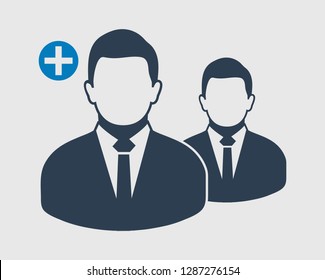 Increase or Add users Icon. Male symbol on gray background. Flat style vector EPS.