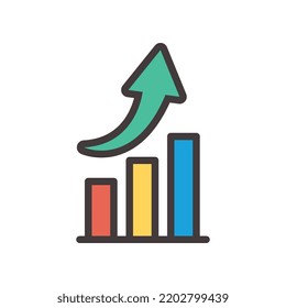 Increase arrow and data statistic in report financial bar chart show business progress. upward graphic Growing graph icon, sign, outline, solid. Vector illustration filled outline style. EPS10
