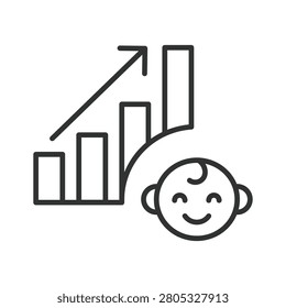 Increase in birth rate, icon in line design. Birth rate, demography, population growth, baby, statistics, chart, increase on white background vector. Increase in birth rate editable stroke icon