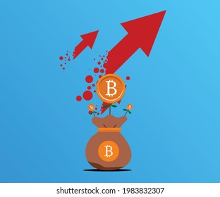 Aumentar el icono de velocidad de bitcoin y el diseño de flecha de Cryptocurrency. Cambiador de moneda financiero mercado de internet financiero finanzas electrónicas y tema de internet. ilustración vectorial.