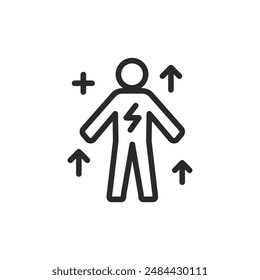 Increase in body energy, linear style icon. Person with lightning bolt. enhanced vitality and strength. Editable stroke width