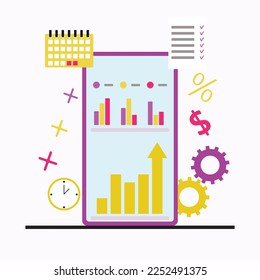 Aumentar la economía empresarial, gráfico informativo sobre teléfonos inteligentes, planificar el tiempo y el beneficio del crecimiento de las empresas, aumentar el gráfico y gráfico, finanzas económicas, ilustración de la inversión en los mercados financieros