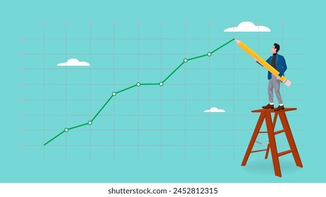 Aumentar el rendimiento del negocio seguido de una gran cantidad de ingresos, el hombre de negocios subiendo una escalera para hacer un gráfico de crecimiento financiero utilizando un lápiz, objetivos de negocio como objetivo de ganancias proceso de logro