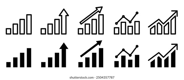 Diagrammsymbolsatz vergrößern. Vektorsymbol des nach oben wachsenden Pfeils. Trendzeichen für den Aktienmarkt. Symbol für Gewinn- oder Umsatzsteigerung. Statistikzeichen für Datenvorhersage. Geldinvestitionswachstumssymbol