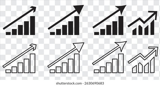 increase chart icon set. growth up arrow graph vector symbol. economic stock market trend sign. profit or revenue rise icon. data forecast statistic sign. money investment growth symbol