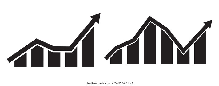 Conjunto de iconos de gráfico de aumento. símbolo de Vector de gráfico de flecha de crecimiento hacia arriba. signo de tendencia económica del mercado de valores. Conjunto de iconos de gráfico arriba. signo de aumento de crecimiento. Vector de aumento de la economía.