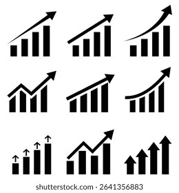 Increase chart icon set, Growth success arrow icon. Growth up arrow icon set in graph. Growth glyph flat vector icon. vector illustration.	