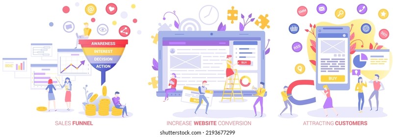 Increase conversion of website, attracting customers concept. Sales funnel with client behavior analysis. People work with seo optimization. Workers developing web page, analysing market