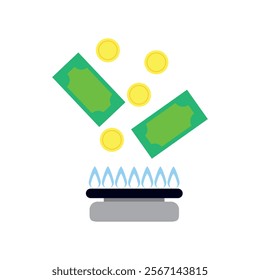 Increase in the cost of gas, concept. European money and natural gas, vector illustration. Soaring energy prices. Energy crisis in Europe. Gas flame in the stove.