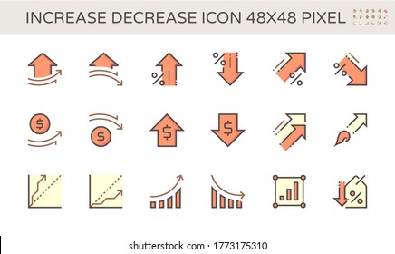 Increase decrease and arrow vector line icon. Include graph, chart, data, info to show trend i.e. growth, drop, increase, decrease, up, down. For property, price, value, financial, money, rate, sale.