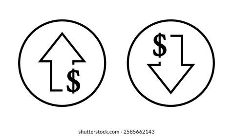 Increase and decrease dollar arrow icon on circle line. USD up and down sign symbol